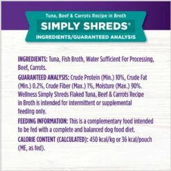 Wellness Bowl Boosters Simply Shreds Tuna, Beef & Carrots Natural Grain-Free Wet Dog Food Mixer Or Topper, 2.8-oz Pouch, Case Of 12 -Snuggle Paws 120809 PT7. AC SS1800 V1673035374