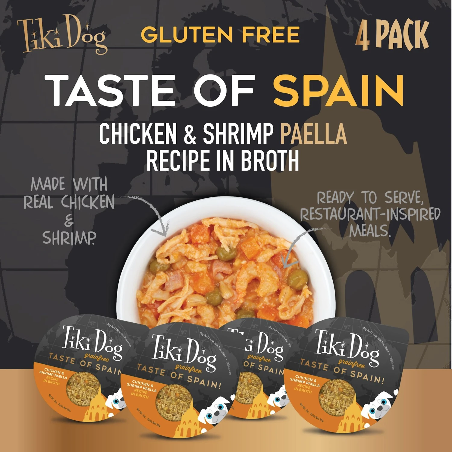 Tiki Dog Taste Of Spain Chicken & Shrimp Paella Recipe In Broth Gluten-Free Wet Dog Food, 3-oz Cup, Case Of 4 5 Tiki Dog Taste Of Spain Chicken & Shrimp Paella Recipe In Broth Gluten-Free Wet Dog Food, 3-oz Cup, Case Of 4 - Image 3