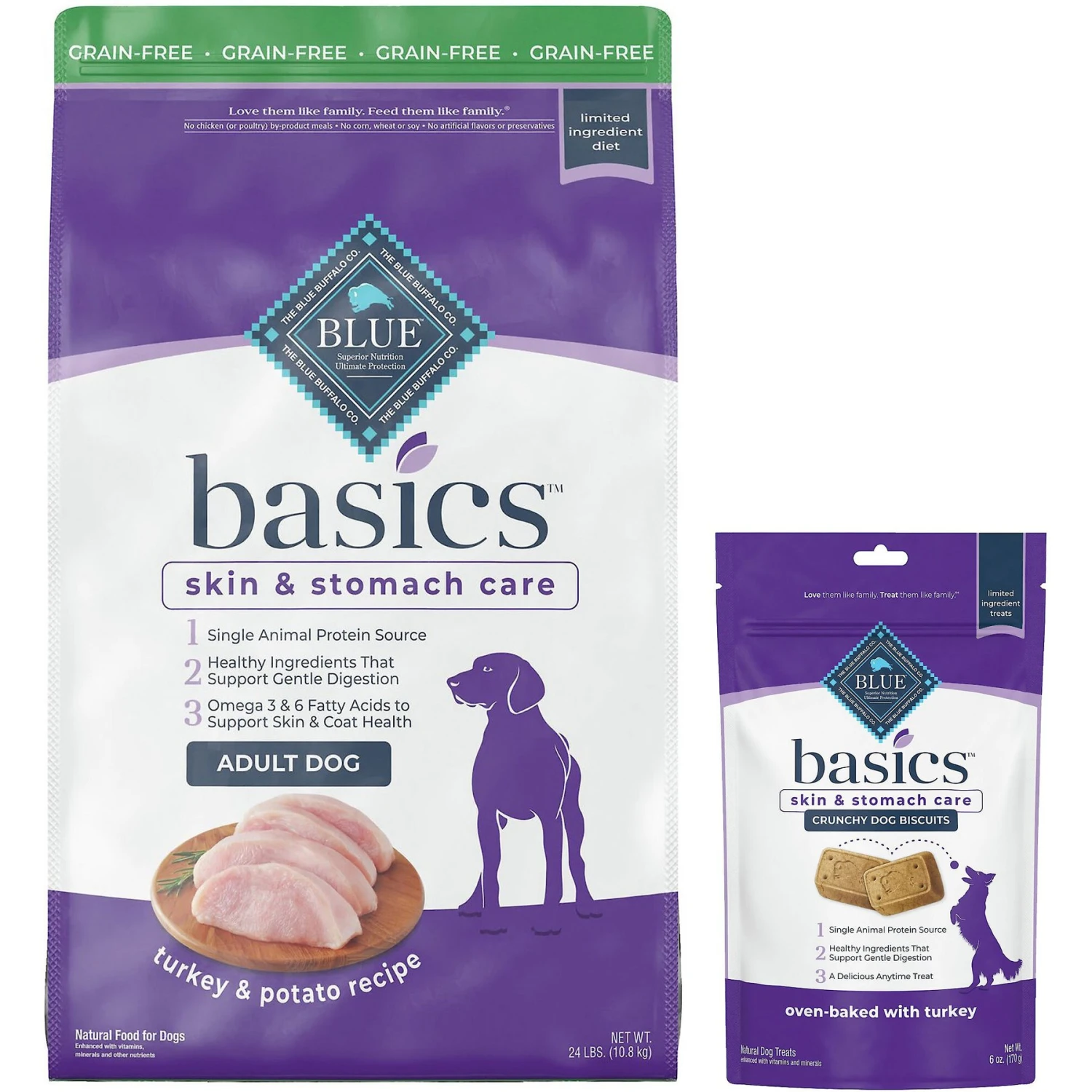 Blue Buffalo Basics Skin & Stomach Care Grain-Free Formula Turkey & Potato Recipe Adult Dry Dog Food & Blue Buffalo Basics Skin & Stomach Care Biscuits Turkey & Potato Dog Treats 3 Blue Buffalo Basics Skin & Stomach Care Grain-Free Formula Turkey & Potato Recipe Adult Dry Dog Food & Blue Buffalo Basics Skin & Stomach Care Biscuits Turkey & Potato Dog Treats