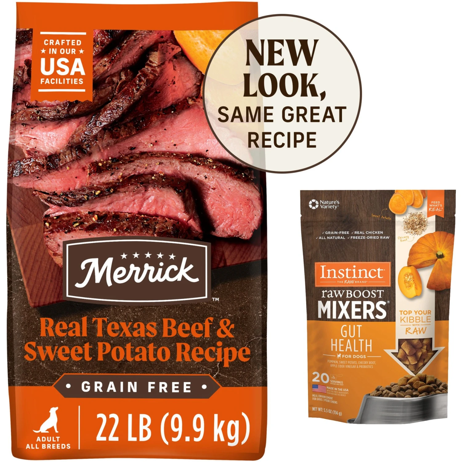 Merrick Real Texas Beef + Sweet Potato Recipe Grain-Free Chicken-Free Adult Dry Dog Food & Instinct Freeze-Dried Raw Boost Mixers Grain-Free Gut Health Recipe Dog Food Topper 3 Merrick Real Texas Beef + Sweet Potato Recipe Grain-Free Chicken-Free Adult Dry Dog Food & Instinct Freeze-Dried Raw Boost Mixers Grain-Free Gut Health Recipe Dog Food Topper
