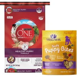 Purina ONE +Plus Natural High Protein Healthy Puppy Formula Dry Puppy Food & Wellness Soft Puppy Bites Lamb & Salmon Recipe Grain-Free Natural Dog Treats