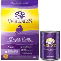 Wellness Complete Health Adult Deboned Chicken & Oatmeal Recipe Dry Dog Food & Wellness Complete Health Chicken & Sweet Potato Formula Natural Canned Dog Food