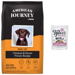 American Journey Puppy Chicken & Sweet Potato Recipe Grain-Free Dry Dog Food & Tylee's Freeze-Dried Meals For Dogs, Chicken & Salmon Recipe