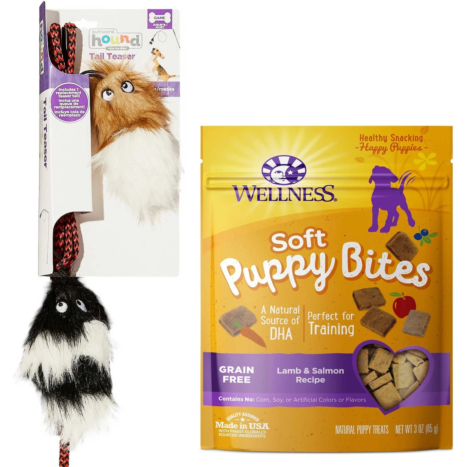 Outward Hound Tail Teaser With Refill Dog & Cat Teaser Toy & Wellness Soft Puppy Bites Lamb & Salmon Recipe Grain-Free Natural Dog Treats 3 Outward Hound Tail Teaser With Refill Dog & Cat Teaser Toy & Wellness Soft Puppy Bites Lamb & Salmon Recipe Grain-Free Natural Dog Treats