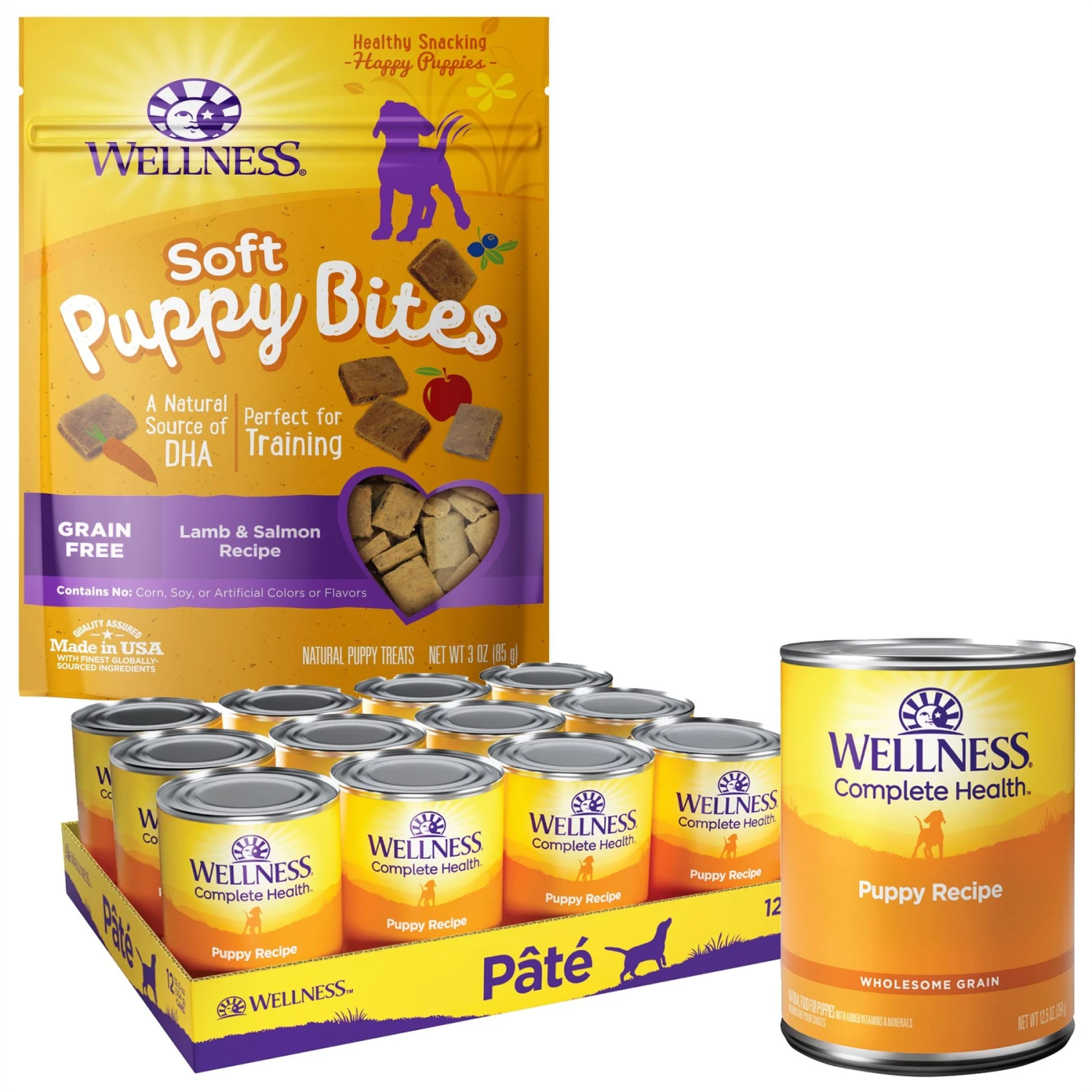 Wellness Complete Health Just For Puppy Canned Dog Food & Wellness Soft Puppy Bites Lamb & Salmon Recipe Grain-Free Natural Dog Treats 3 Wellness Complete Health Just For Puppy Canned Dog Food & Wellness Soft Puppy Bites Lamb & Salmon Recipe Grain-Free Natural Dog Treats