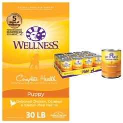 Wellness Complete Health Puppy Deboned Chicken, Oatmeal & Salmon Meal Recipe Dry Dog Food & Wellness Complete Health Just For Puppy Canned Dog Food