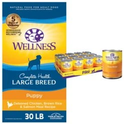 Wellness Large Breed Complete Health Puppy Deboned Chicken, Brown Rice & Salmon Meal Recipe Dry Dog Food & Wellness Complete Health Just For Puppy Canned Dog Food