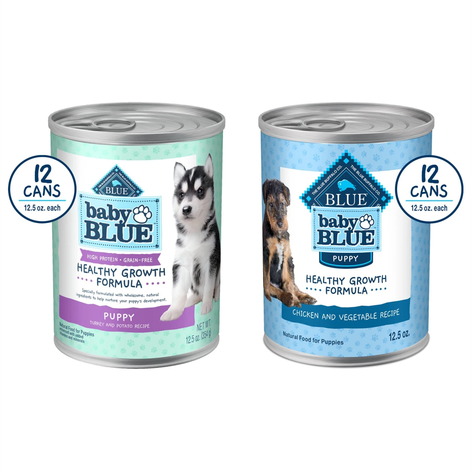 Blue Buffalo Baby Blue Healthy Growth Formula Natural Chicken & Vegetable Recipe Puppy Wet Food, 12.5-oz Cans, Case Of 12 & Blue Buffalo Baby Blue Healthy Growth Formula Grain-Free High Protein Turkey & Potato Recipe Puppy Wet Food, 12.5-oz Cans, Case Of 12 3 Blue Buffalo Baby Blue Healthy Growth Formula Natural Chicken & Vegetable Recipe Puppy Wet Food, 12.5-oz Cans, Case Of 12 & Blue Buffalo Baby Blue Healthy Growth Formula Grain-Free High Protein Turkey & Potato Recipe Puppy Wet Food, 12.5-oz Cans, Case Of 12