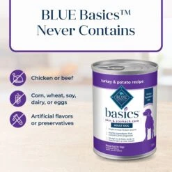 Blue Buffalo Basics Skin & Stomach Care Grain-Free Turkey & Potato Recipe Canned Dog Food -Snuggle Paws 51929 PT5. AC SS1800 V1646281283