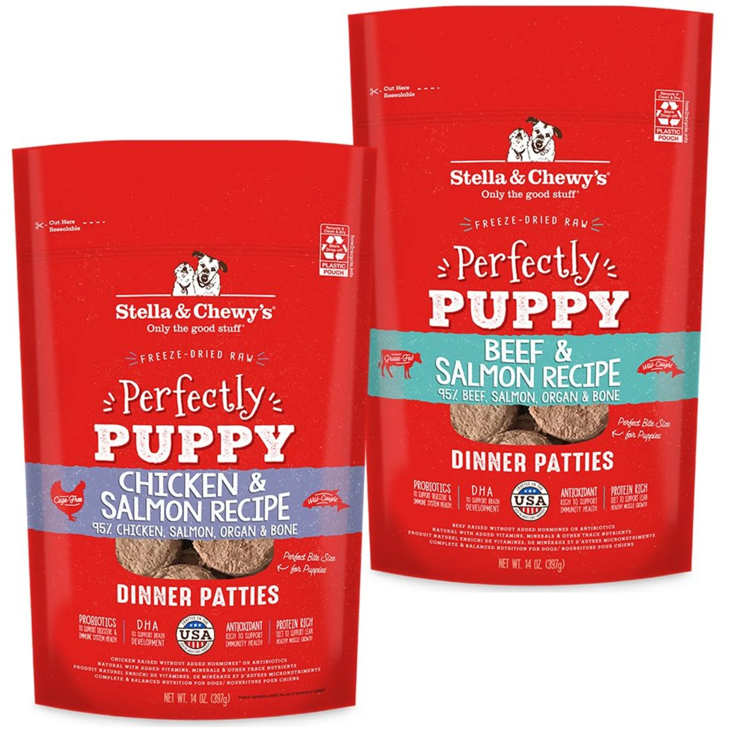 Stella & Chewy's Perfectly Puppy Chicken & Salmon Dinner Patties Freeze-Dried Raw Dog Food & Stella & Chewy's Perfectly Puppy Beef & Salmon Dinner Patties Freeze-Dried Raw Dog Food 3 Stella & Chewy's Perfectly Puppy Chicken & Salmon Dinner Patties Freeze-Dried Raw Dog Food & Stella & Chewy's Perfectly Puppy Beef & Salmon Dinner Patties Freeze-Dried Raw Dog Food