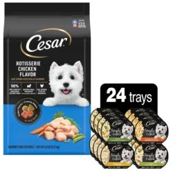 Cesar Simply Crafted Cuisine Complement Soft Wet Adult Dog Food Topper Variety Pack & Cesar Rotisserie Chicken Flavor & Spring Vegetables Garnish Small Breed Dry Dog Food