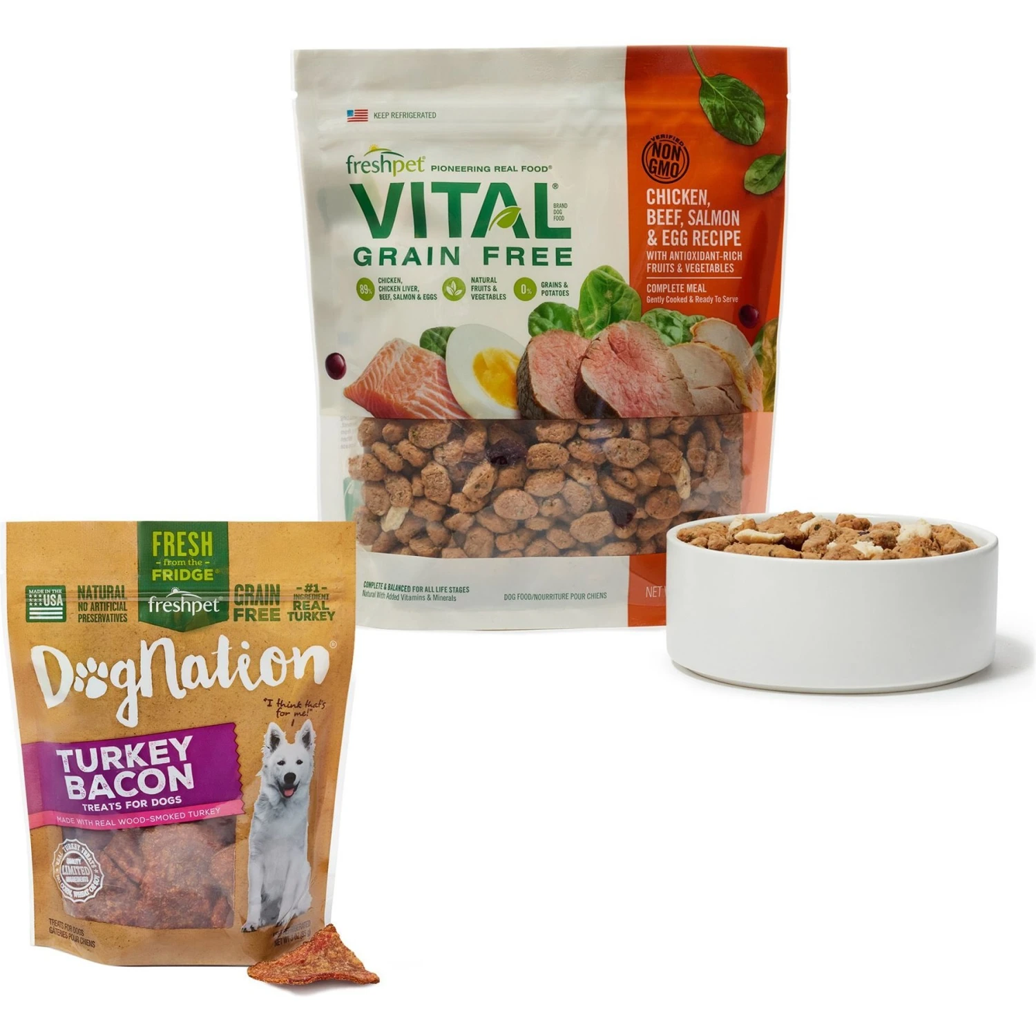 Freshpet Vital Chicken, Beef, Salmon & Egg Recipe Grain-Free Fresh Dog Food & Freshpet Dognation Turkey Bacon Grain-Free Fresh Dog Treats, 3-oz Bag, Case Of 6 3 Freshpet Vital Chicken, Beef, Salmon & Egg Recipe Grain-Free Fresh Dog Food & Freshpet Dognation Turkey Bacon Grain-Free Fresh Dog Treats, 3-oz Bag, Case Of 6