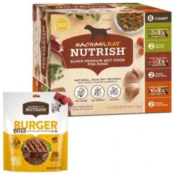 Rachael Ray Nutrish Burger Bites, Beef Burger With Bison Grain-Free Dog Treats & Rachael Ray Nutrish Natural Variety Pack Wet Dog Food