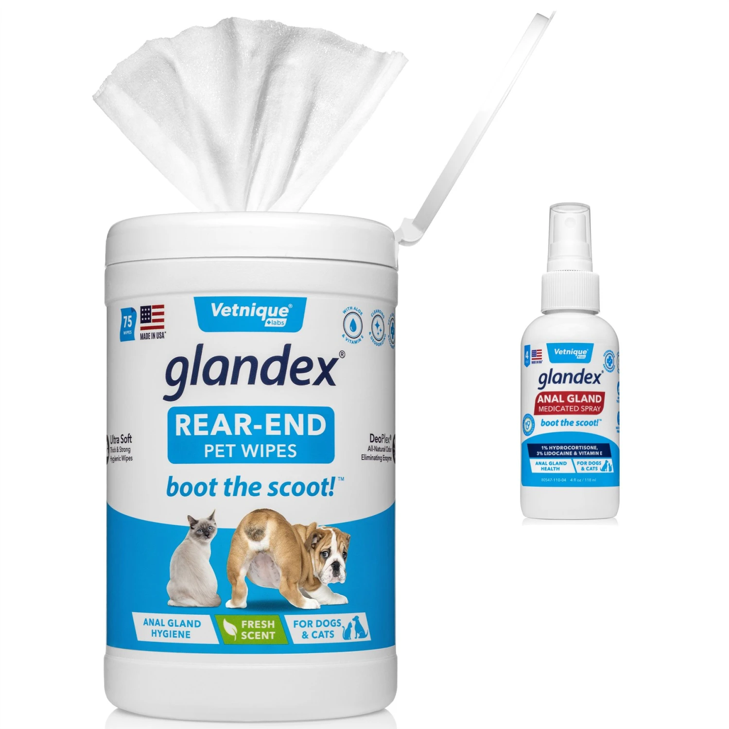Vetnique Labs Glandex Wipes Rear End Anal Gland Cleansing & Deodorizing Hygienic Rear End Boot The Scoot Dog & Cat Wipes & Vetnique Labs Glandex Anal Gland Medicated Anti Itch Spray For Dogs & Cats, 4-oz Bottle 3 Vetnique Labs Glandex Wipes Rear End Anal Gland Cleansing & Deodorizing Hygienic Rear End Boot The Scoot Dog & Cat Wipes & Vetnique Labs Glandex Anal Gland Medicated Anti Itch Spray For Dogs & Cats, 4-oz Bottle