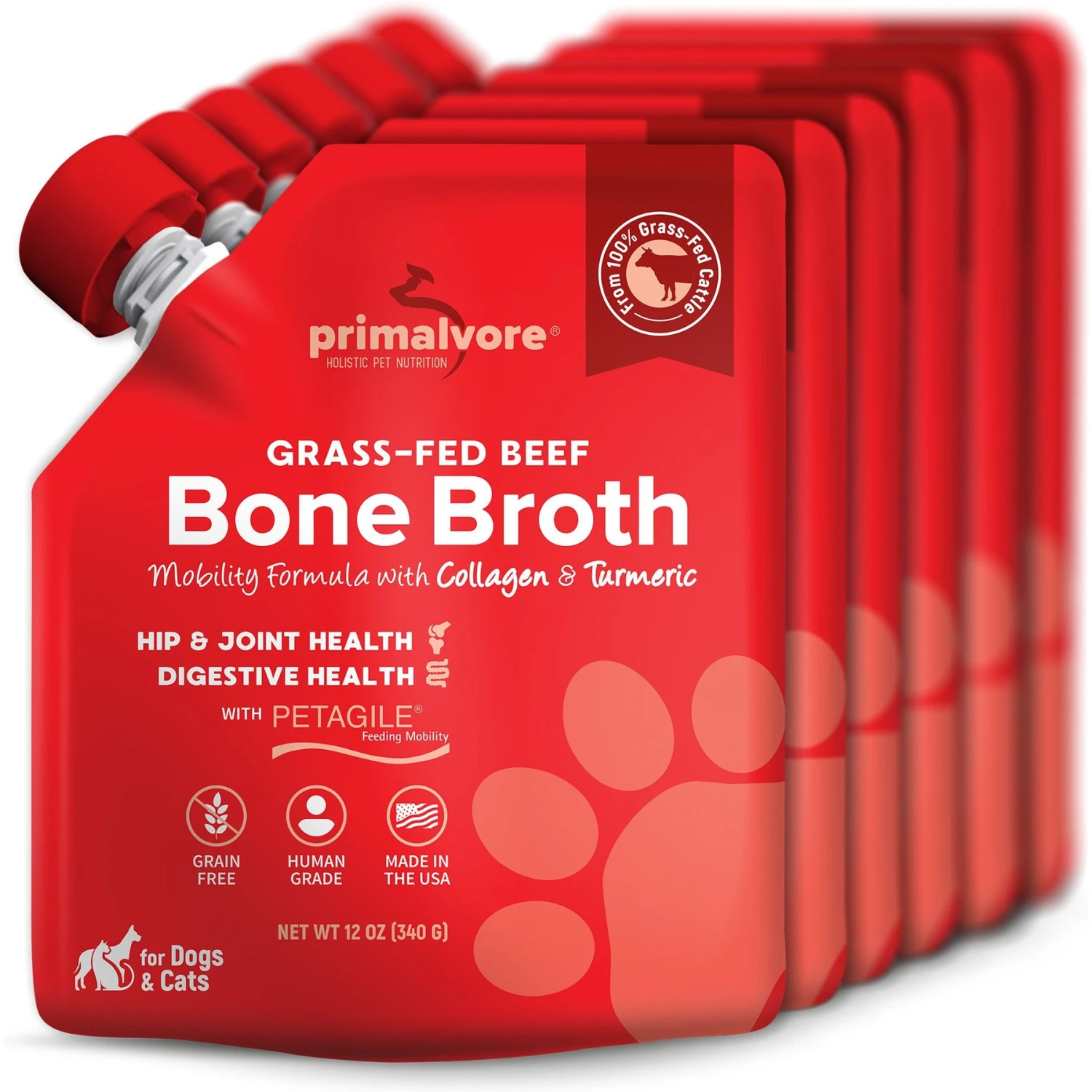 Primalvore Grass-Fed Beef Bone Broth With Collagen + Turmeric Dog & Cat Food Topping, 12-oz Bag, 6 Count 3 Primalvore Grass-Fed Beef Bone Broth With Collagen + Turmeric Dog & Cat Food Topping, 12-oz Bag, 6 Count