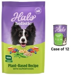 Halo Holistic Vegan Dog Food Complete Digestive Health Plant-Based Recipe With Superfoods Adult Formula Dry Dog Food & Halo Holistic Garden Of Vegan Recipe Adult Canned Dog Food
