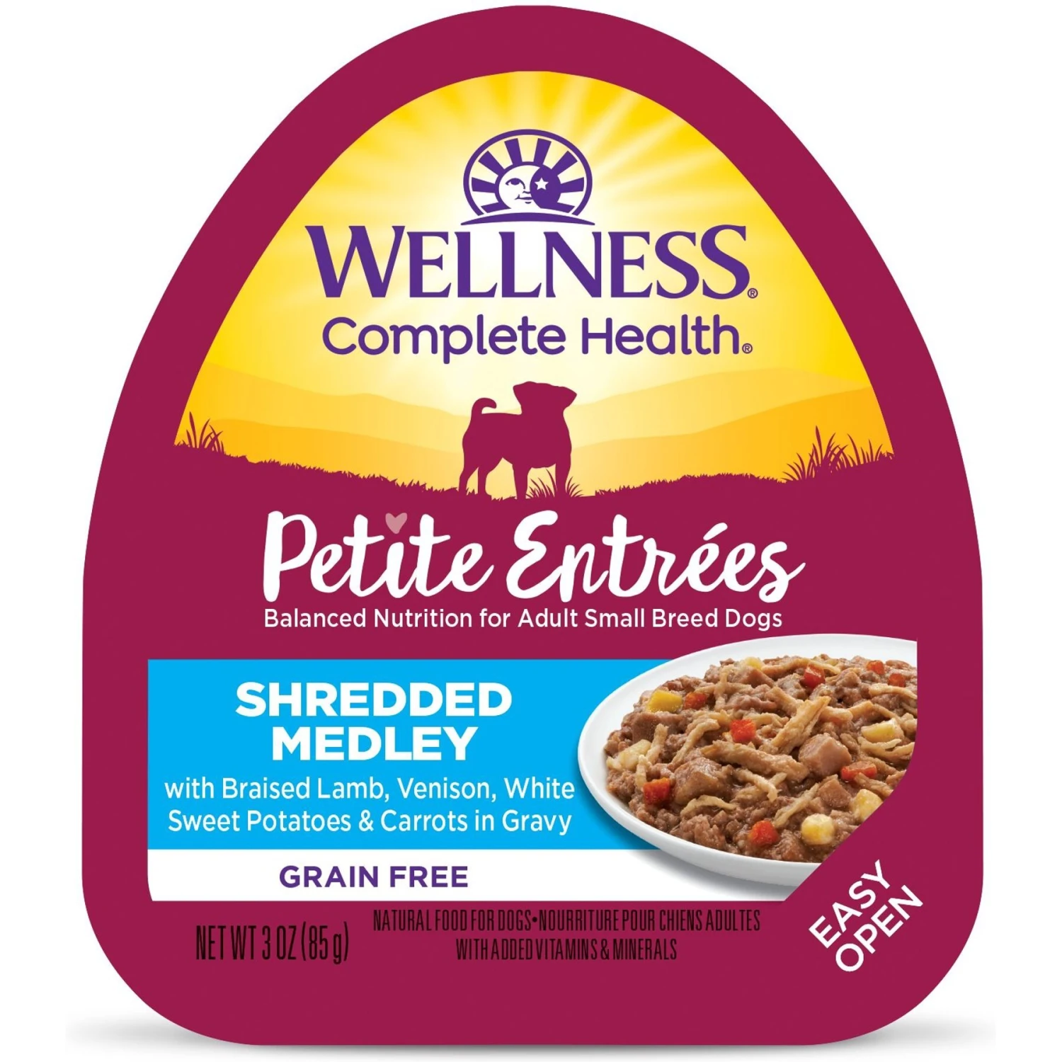 Wellness Petite Entrees Shredded Medley Lamb & Venison Small Breed Natural Wet Dog Food, 3-oz Cup, 12 Count 3 Wellness Petite Entrees Shredded Medley Lamb & Venison Small Breed Natural Wet Dog Food, 3-oz Cup, 12 Count