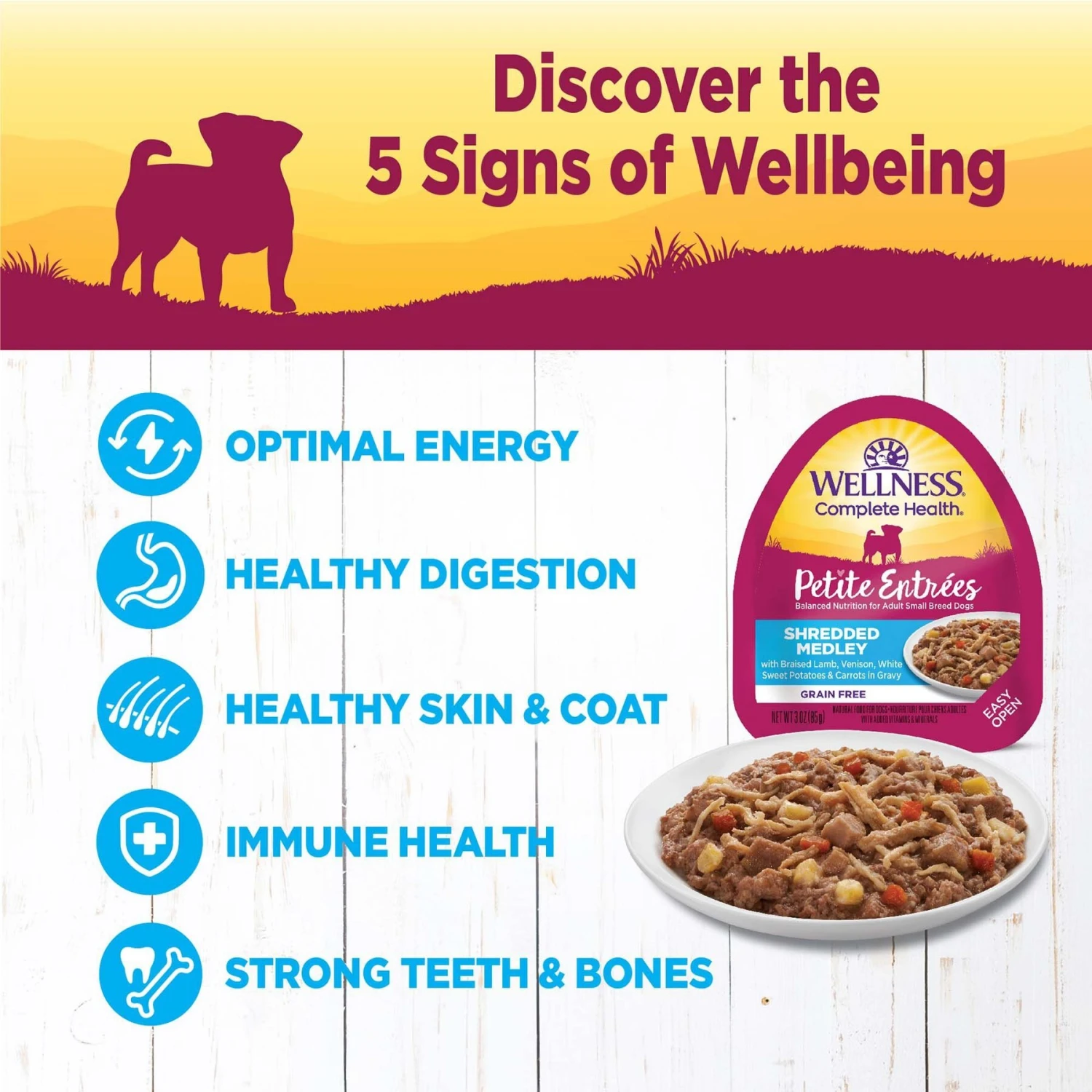 Wellness Petite Entrees Shredded Medley Lamb & Venison Small Breed Natural Wet Dog Food, 3-oz Cup, 12 Count 5 Wellness Petite Entrees Shredded Medley Lamb & Venison Small Breed Natural Wet Dog Food, 3-oz Cup, 12 Count - Image 3